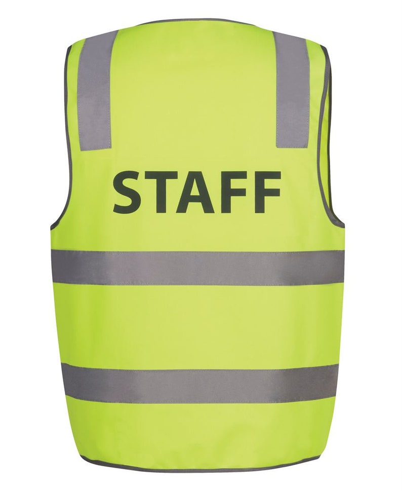 May include: A bright yellow safety vest with reflective silver stripes and the word "STAFF" printed in black letters.