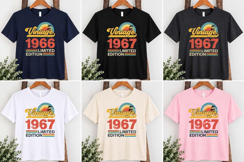 May include: A collection of six short-sleeve t-shirts in navy, black, charcoal, white, cream, and light pink. Each shirt features a graphic print with a sunset, palm tree, and the text Vintage 1966 or 1967 Limited Edition in retro colors.