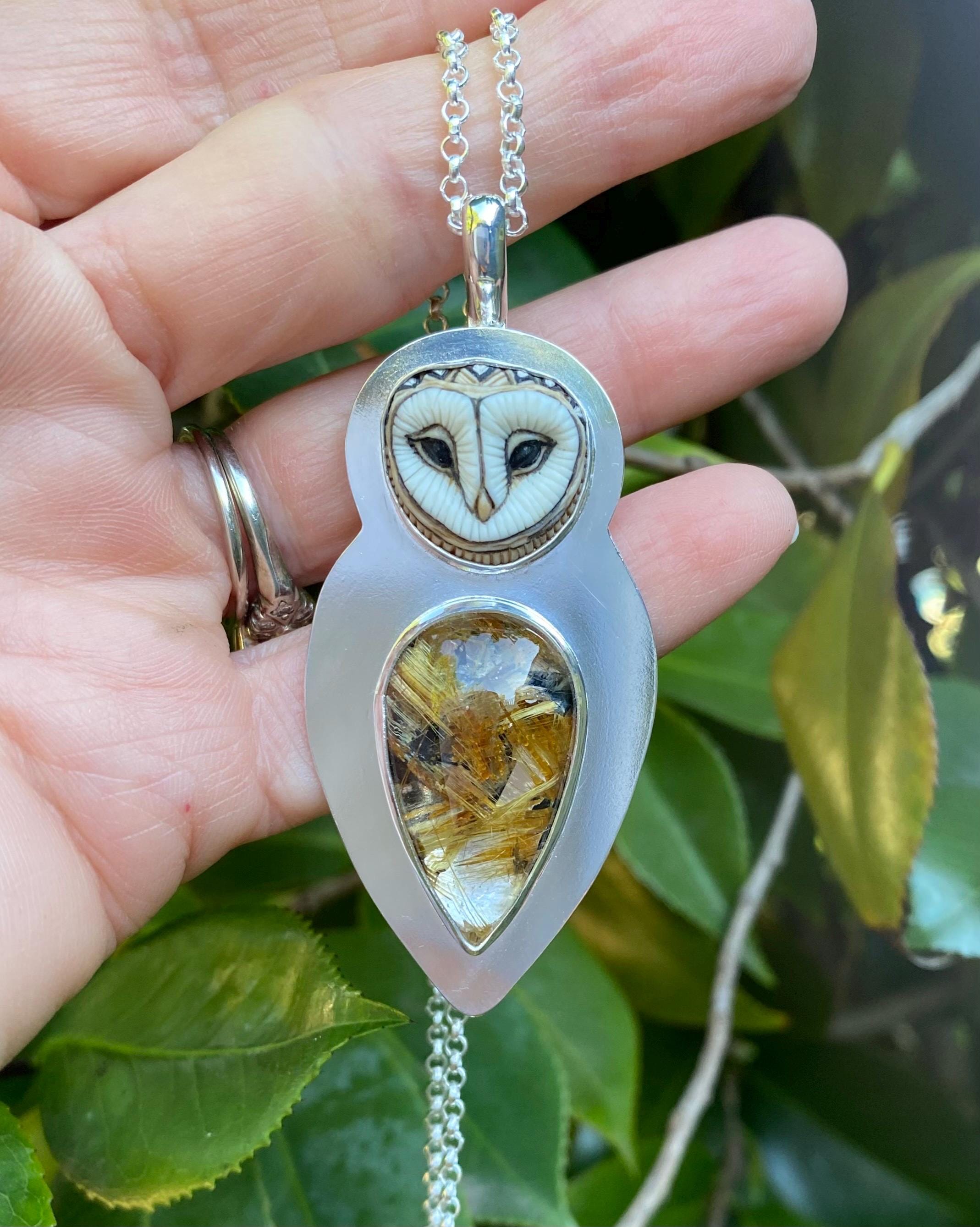 Star Rutile Barn Owl Pendant with Rare Laura Mears Porcelain Owl Face