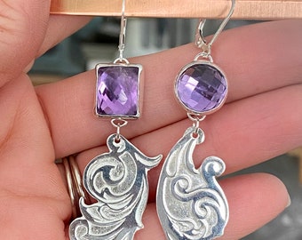 Faceted Lemon Quartz or Amethyst Scroll Dangle Earrings