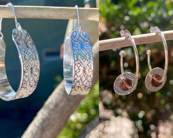 Mixed Metal Post Hoop and Sterling Scroll Wide Dangle Hoop Earrings