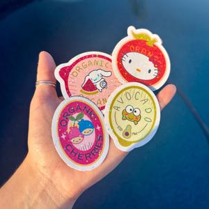 Sanrio Obst Aufkleber | Halografisch | Wasserfest | Hallo Kitty | Zimtrolle | Keroppi | Zwillingssterne