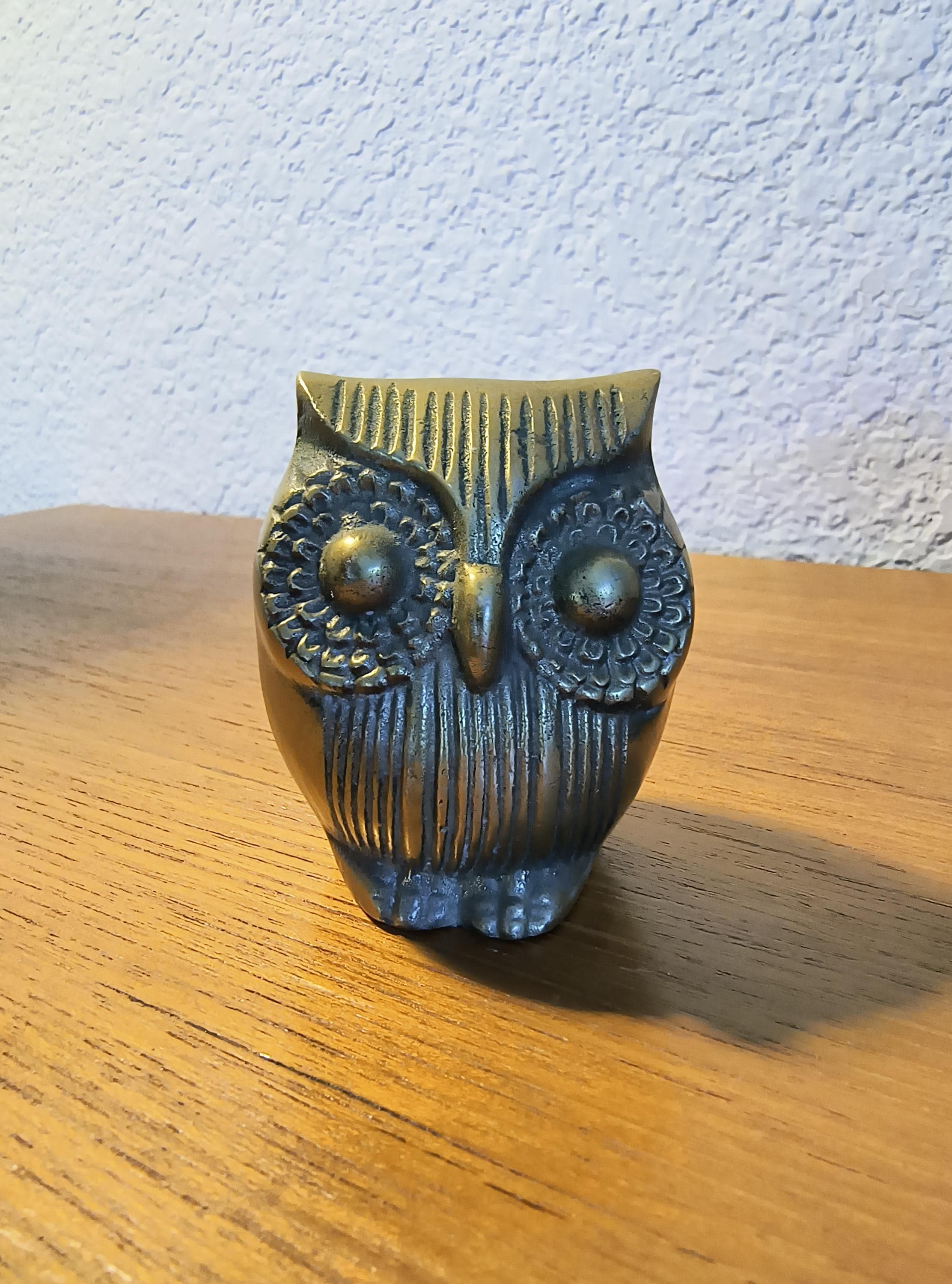 Vintage Brass Owl Paperweight: 1970s Mid-Century Modern Sculpture (3"x1.5")
