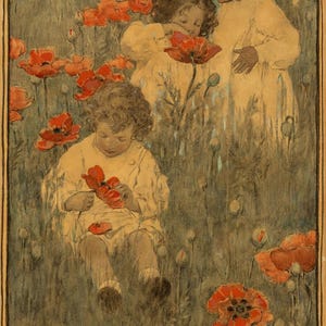 May include: Vintage illustration titled "Among the Poppies" by Jessie Willcox Smith. The artwork depicts three children in a field of red poppies. One child sits, examining a flower, while the others stand, observing the blooms. The color palette is soft and warm.