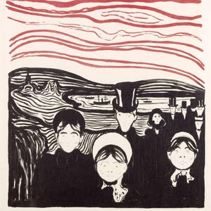 May include: A black and white woodcut print by Edvard Munch titled "The Scream". The print depicts a group of people standing in front of a red sky with a swirling, abstract landscape in the background.
