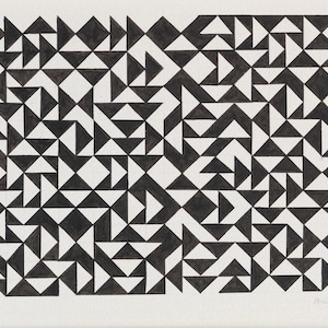 May include: Black and white geometric pattern with a repeating triangle design. The pattern is made up of small triangles that are arranged in a grid-like pattern.