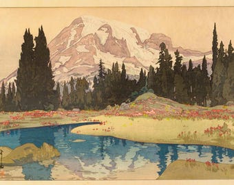 Mount Rainier by Hiroshi Yoshida - Japanese Landscape Woodblock Print, Snowy Mountain Wall Art
