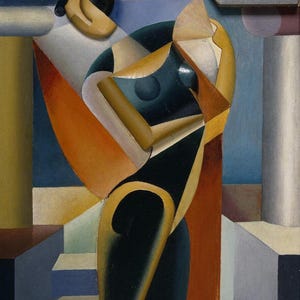 May include: Abstract painting with geometric shapes and figures. The artwork features a figure in a dark dress with yellow and orange accents. The background includes blue, gray, and tan elements, creating a cubist style composition.