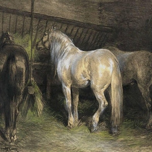 Horses Eating Hay In A Stable By Rosa Bonheur - Premium Quality Art Print