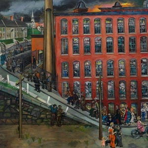 May include: A painting depicting a red brick factory with many windows, set against a dark, stormy sky. A group of people are walking up a ramp towards the factory, while others are standing in a line on the street below. The scene is reminiscent of a working-class neighborhood in the early 20th century.