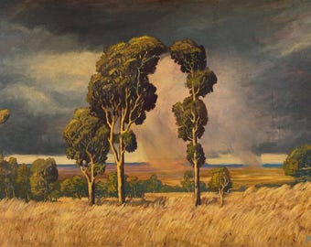 May include: A painting of a landscape with a stormy sky and tall trees. The trees are silhouetted against the dark clouds, and the sun is breaking through the clouds in the distance. The ground is covered in tall grass.