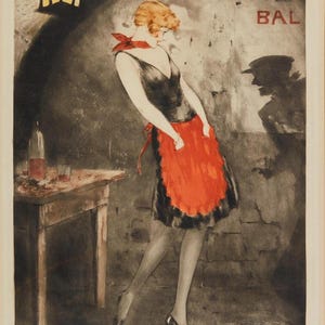 Puede incluir: Una mujer con un vestido negro y un delantal rojo se encuentra en una habitación con poca luz. Está mirando hacia abajo a una mesa con una botella y vasos encima. La palabra "BAL" está escrita en la pared detrás de ella.