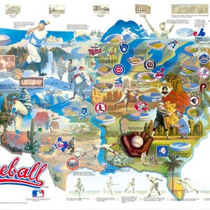 Mappa degli Stati Uniti di MLB Baseball - Stampa artistica di qualità premium