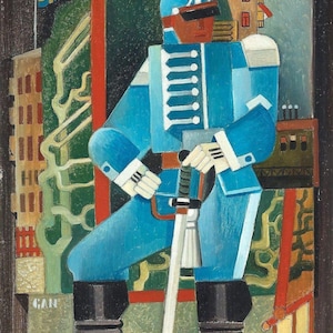 May include: A cubist painting of a soldier in a blue uniform with a white hat and a sword. The soldier is standing in front of a building with a flag on top. The painting is done in a geometric style with bold colors.