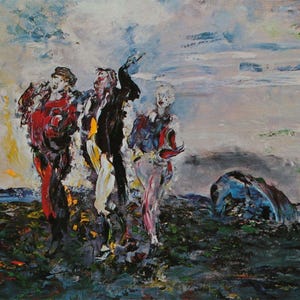 Puede incluir: Una pintura abstracta de cuatro figuras de pie en un paisaje. Las figuras están pintadas en un estilo suelto y gestual con colores vibrantes. El fondo es una escena brumosa y atmosférica con toques de azul y verde.