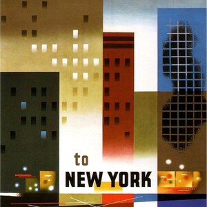 以下が含まれることがあります： アメリカン航空のヴィンテージな旅行ポスター。スタイリッシュな街並みが描かれており、「AMERICAN AIRLINES to NEW YORK」の文字が書かれている。ポスターは幾何学的なスタイルで、茶色、赤、青、白の色合いで構成されている。