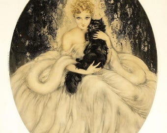 ルイ・イカール作「黒猫を抱く女性」アールデコプリント：シックな猫