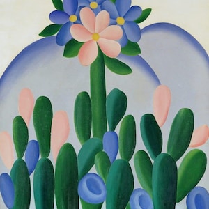 May include: A painting of stylized flowers in shades of pink, blue, and green. The flowers are arranged in a vase-like shape, with the pink flower at the top and the blue flowers surrounding it. The background is a light blue.