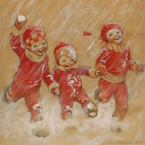 May include: A vintage illustration depicts three children in red snowsuits and hats playing in the snow. One child throws a snowball, while the others run and hold hands. The artwork has a warm, nostalgic feel.