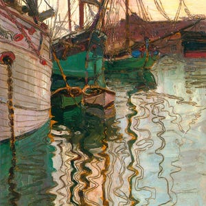 May include: A painting depicting three boats moored at a pier. The boats are painted in shades of green, white, and brown. The water is a deep blue with ripples reflecting the boats. The sky is a pale yellow with a hint of orange.