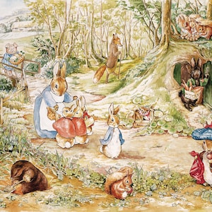 Peut inclure: Une illustration aquarelle d'un groupe de lapins dans un décor de forêt. Les lapins sont habillés et portent des paniers. Il y a un renard en arrière-plan et une taupe qui creuse au premier plan.
