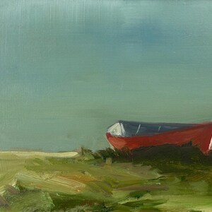 May include: A red boat with a blue top sits on a grassy shore with a light blue sky in the background.