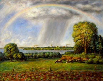 May include: A painting of a rural landscape with a rainbow arching over a field. The sky is cloudy and there is a small town in the distance. There are cows grazing in the field.