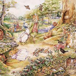 Puede incluir: Una ilustración de acuarela de una escena de bosque caprichosa con un zorro, un ganso, un erizo y varios conejos. El zorro lleva un chaleco rojo y el ganso lleva una cinta azul. Los conejos están reunidos alrededor de un árbol con un letrero que dice "Let."