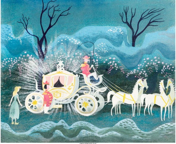 シンデレラの馬車　ハンドメイドパステル画　絵画アート原画 シンデレラのアートプリント：メアリー・ブレア作「白い馬と馬車