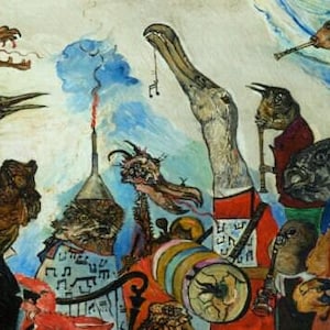 May include: An abstract painting depicting a musical ensemble of anthropomorphic creatures. The artwork features a variety of figures, including birds and fish, playing instruments. The color palette includes shades of brown, red, blue, and yellow, creating a whimsical and surreal scene.