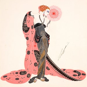 May include: A woman in a black and pink patterned dress with a pink fan. The dress has a long train and is decorated with black and gold geometric designs. The woman is wearing a black headband with a red flower.