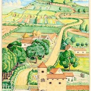 May include: A watercolor painting of a green hill with a winding road leading to a small village. The village has a few houses, a windmill, and a bridge over a river. The text "The hill: hobbiton-across-the-water" is written at the bottom of the painting.