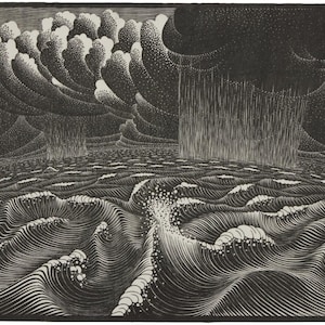 以下が含まれることがあります： 波が砕け、雨が降る暗い空と嵐の海を描いた白黒の木版画。版画のタイトルは「12-25th GEN.16-8」。