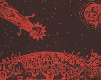 May include: A red and black illustration of a person falling from the sky, with a town and a smiling moon in the background.