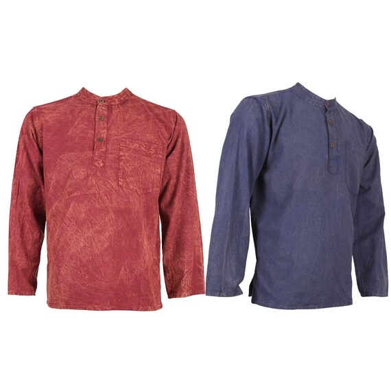 Stonewashed Plain Grandad Shirt Red and 