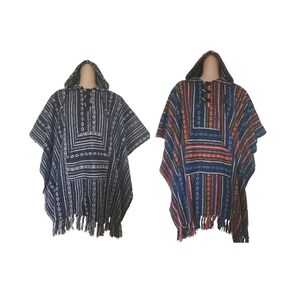 Long Brushed cotton poncho: Black and Blue