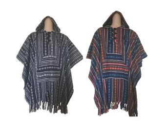 Long Brushed cotton poncho: Black and Blue