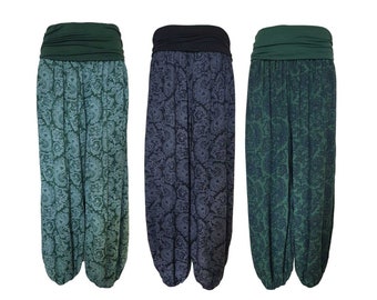 Summer weight Printed Ali baba trousers -Paisley Light Green, Black and Dark Green