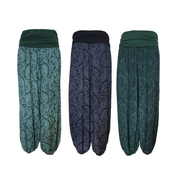 Summer weight Printed Ali baba trousers -Paisley Light Green, Black and Dark Green