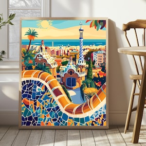 Barcelona Travel Poster - Park Guell Wall Art- Spain Travel Print- Wall Art- Travel Gift- Poster, Travel Artwork- Wall Decor- Gift Barcelona