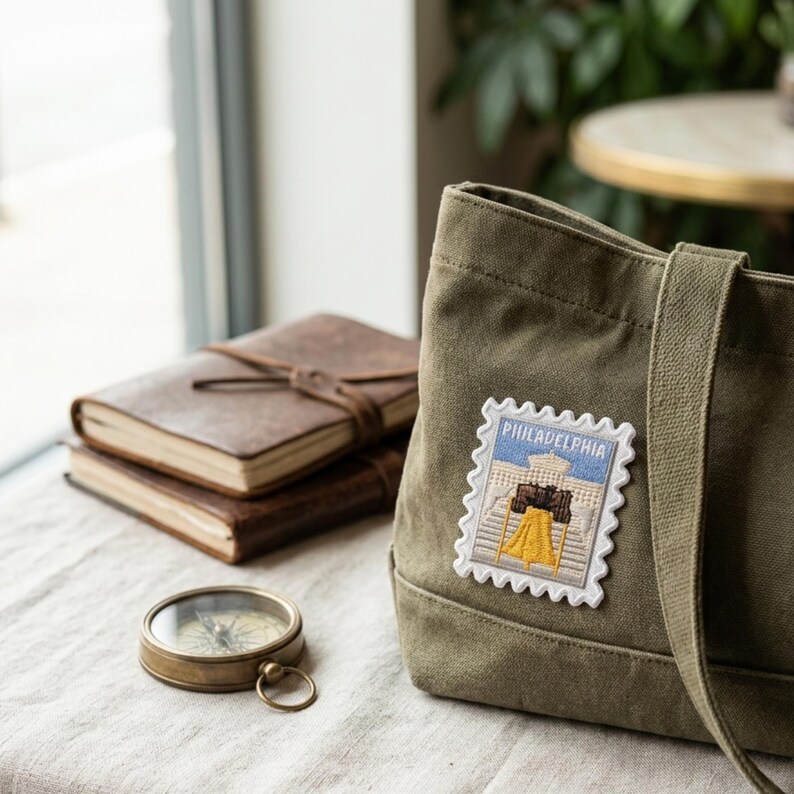 Pu&ograve; includere: Una borsa tote in tela verde oliva con una toppa ricamata rettangolare a forma di francobollo. La toppa raffigura la Liberty Bell di Philadelphia con la scritta PHILADELPHIA sopra. La borsa &egrave; dotata di una robusta tracolla.