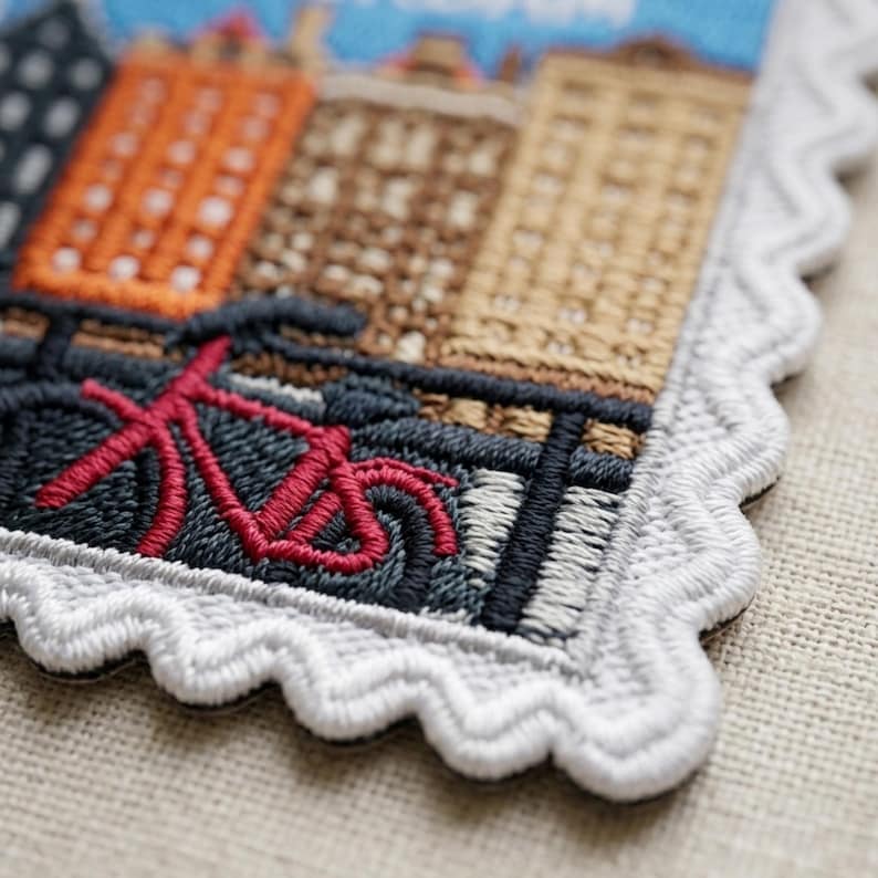 May include: A rectangular embroidered patch with a scalloped white border featuring a city scene with tall buildings in shades of orange, brown, and tan. A bright red bicycle is stitched in the foreground against a dark gray street background.