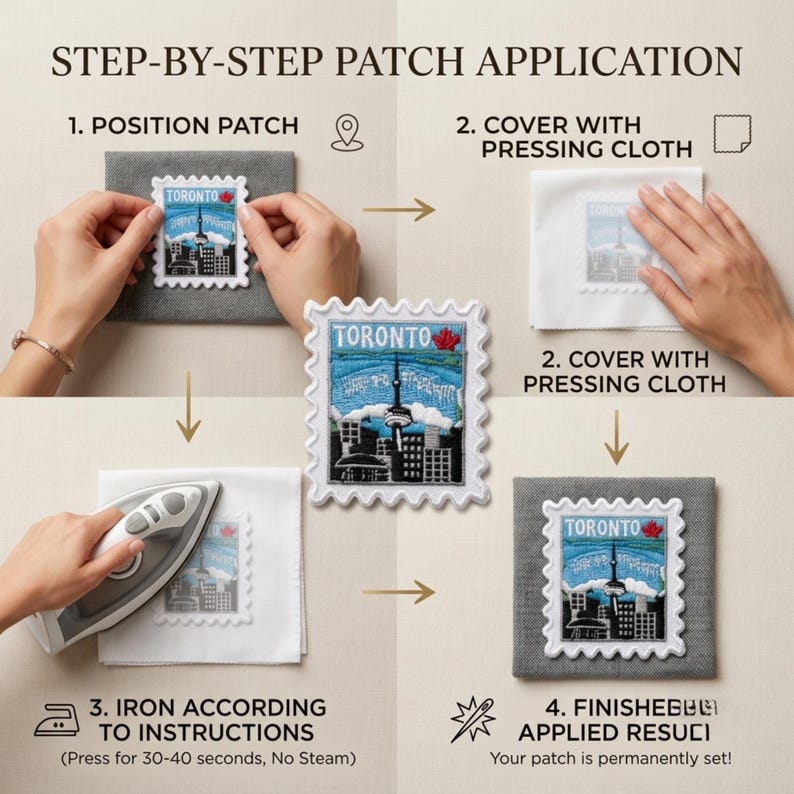 May include: A step-by-step instructional graphic for applying a Toronto embroidered patch. The patch is shaped like a postage stamp, featuring the CN Tower, city skyline, and a red maple leaf. Text includes STEP-BY-STEP PATCH APPLICATION.