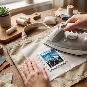 May include: A beige canvas tote bag being ironed with a white and grey steam iron. A rectangular embroidered patch featuring a stylized Toronto cityscape with the text TORONTO is being applied to the fabric surface with heat and steam.