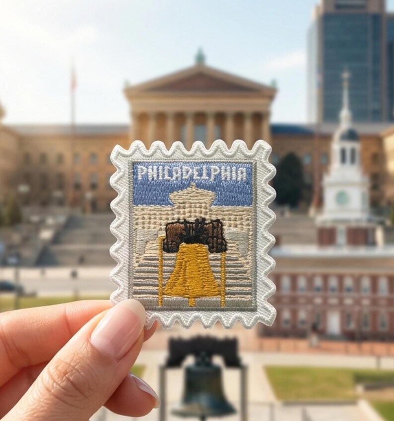 Pu&ograve; includere: Una toppa ricamata rettangolare con bordo bianco smerlato, raffigurante la Liberty Bell in giallo e marrone su una facciata di edificio beige e un cielo blu, con la parola PHILADELPHIA ricamata in bianco nella parte superiore.