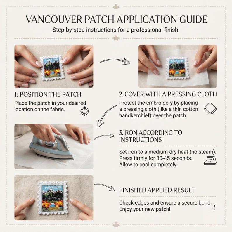 Puede incluir: Una gu&iacute;a de instrucciones titulada VANCOUVER PATCH APPLICATION GUIDE que muestra cuatro pasos: colocar el parche, cubrirlo con un pa&ntilde;o, planchar a temperatura media sin vapor durante 30-45 segundos y verificar el resultado final aplicado.
