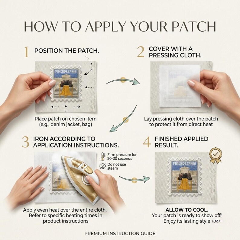 Pu&ograve; includere: Una guida di istruzioni in quattro passaggi per applicare una toppa ricamata. I passaggi includono il posizionamento della toppa, la copertura con un panno da stiro, la stiratura con pressione ferma per 20-30 secondi senza vapore e il raffreddamento.