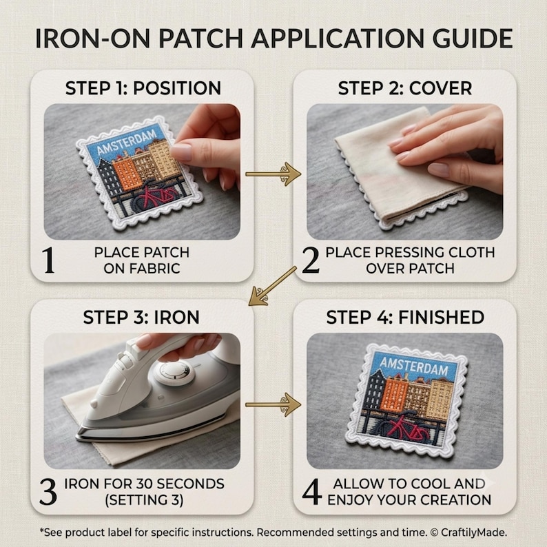 May include: An instructional guide for applying an iron-on patch. The four-step process shows placing an Amsterdam-themed patch on fabric, covering it with a cloth, ironing for 30 seconds on setting 3, and allowing the patch to cool completely.