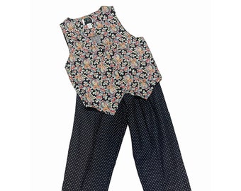 Vintage ladies 1980's pant set paisley polka dot Small 100% cotton vest trouser