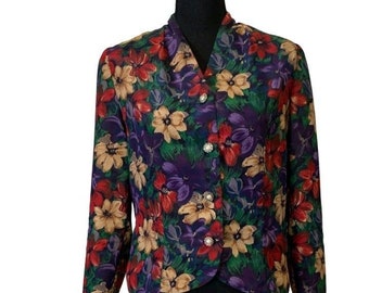Leslie Fay Damen Jacke Bluse 10P Florale Perlenknöpfe Vintage